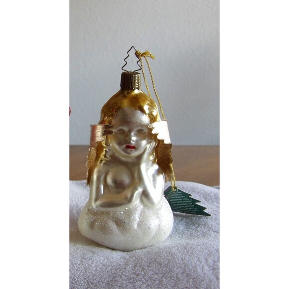 Whitehurst Blown Glass Angel Christmas Ornament Germany Cloud White Gold Glitter - Picture 2 of 10